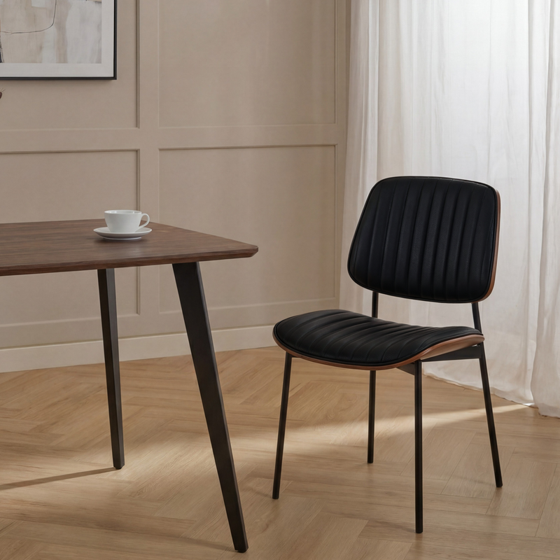 Krzesło Do Jadalni Eco Skóra Pikowane Tył w Kolorze Orzecha Nogi Stalowe BENT WOOD — Czarny