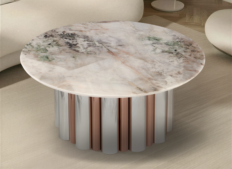 Stolik Kawowy Okrągły Kamień Naturalny 90x90 Nogi Inox Column — Biały