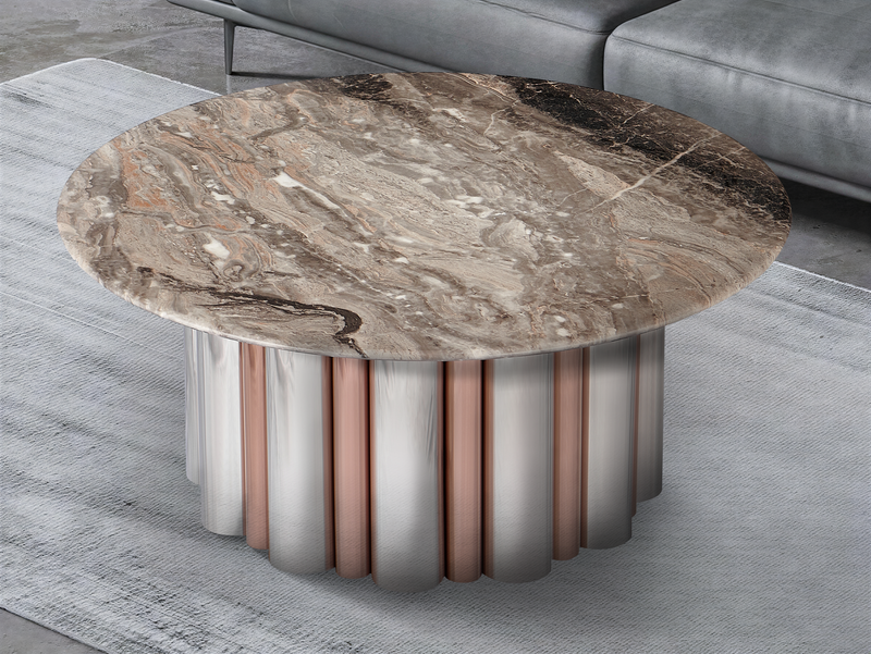 Stolik Kawowy Okrągły Kamień Naturalny 90x90 Nogi Inox Column — Brązowy
