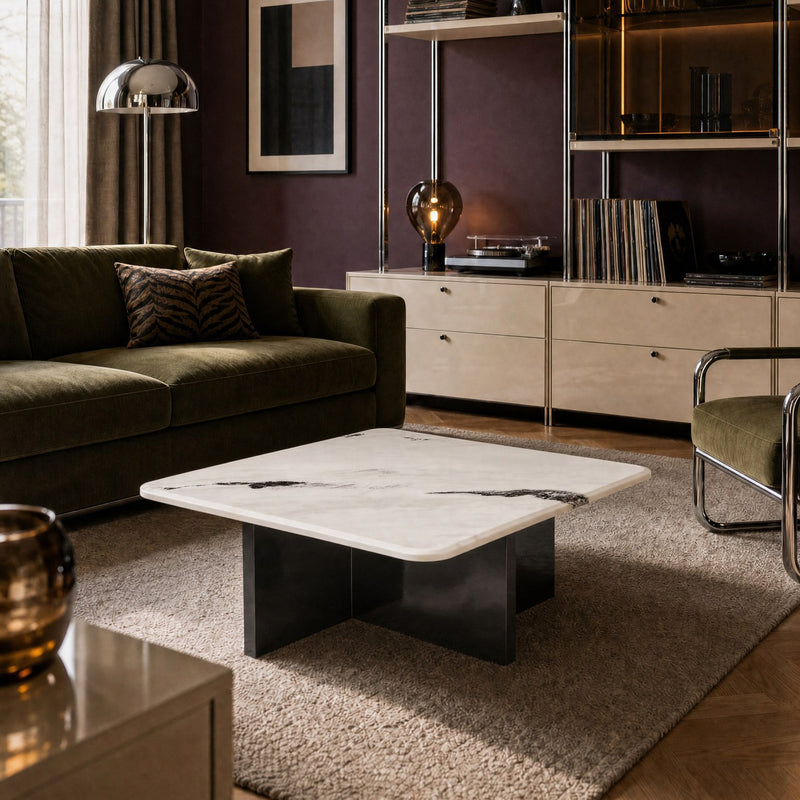 Stolik Kawowy Kwadratowy Marmur Naturalny 80x80 Nogi Stalowe Wave — Biały