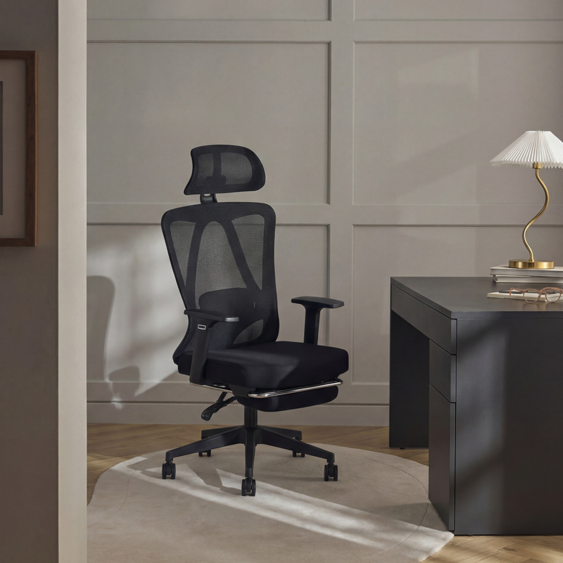 Fotel Biurowy Ergonomiczny Obrotowy na Kółkach Odchylane Oparcie 081 — Czarny - Podnóżek