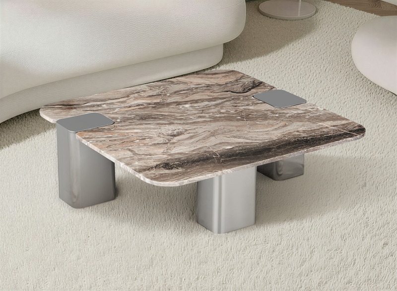 Stolik Kawowy Kwadratowy Marmur Naturalny 100x100 Nogi Inox Stockholm — Brązowy