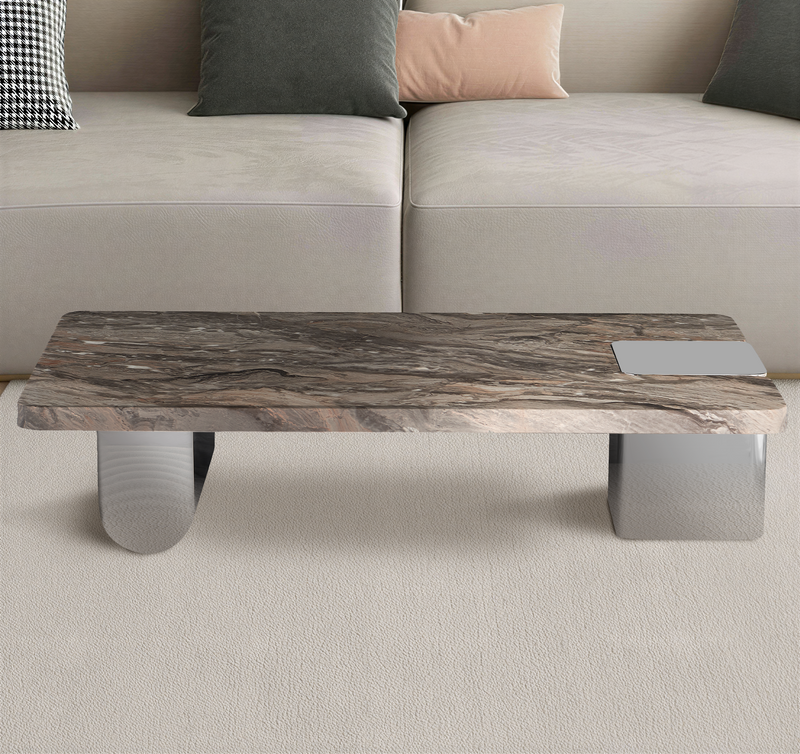 Stolik Kawowy Prostokątny Marmur Naturalny 140x80 Nogi Inox Unity — Brązowy