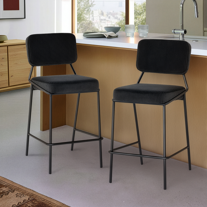 Hoker Barowe Tapicerowane Welurowe Prążkowane Loft Nogi Stalowe Czarne DR2511 — Czarny