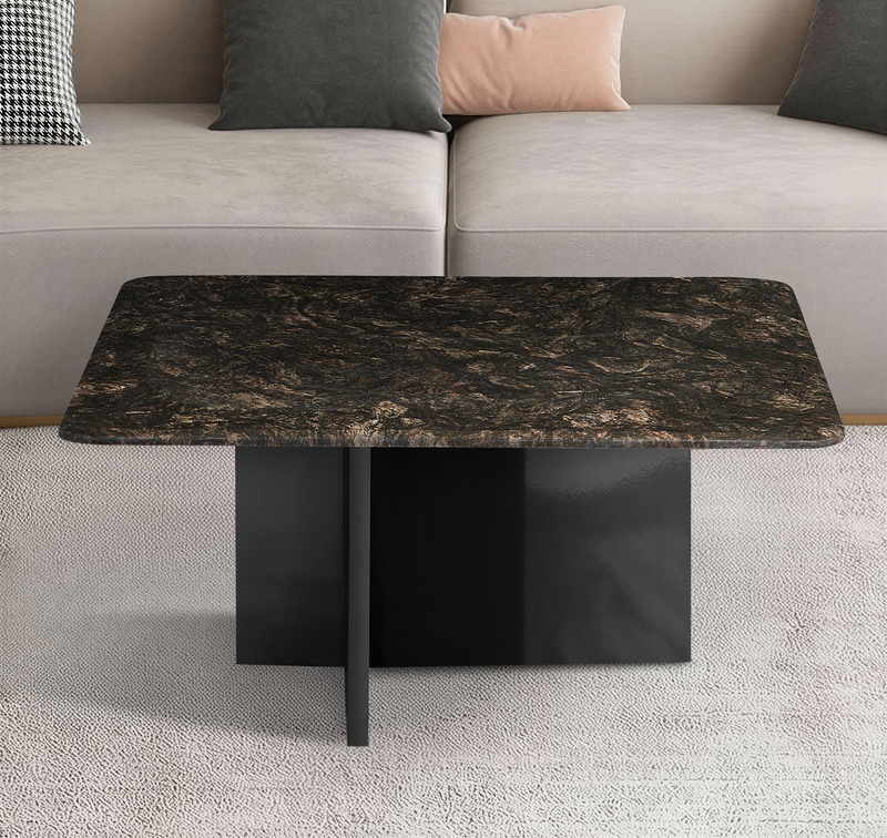 Stolik Kawowy Kwadratowy Marmur Naturalny 80x80 Nogi Stalowe Wave — Czarny