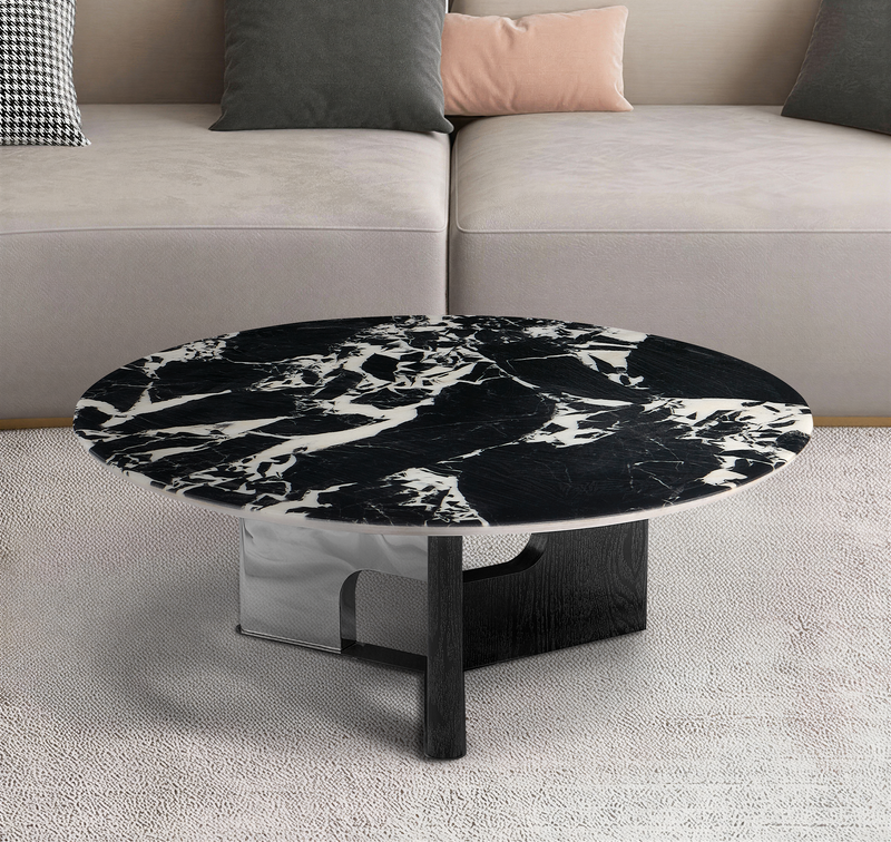Stolik Kawowy Okrągły Marmur Naturalny 90x90 Nogi Drewno Inox Grace — Czarny