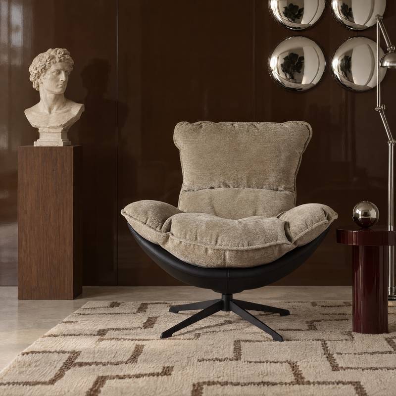 Fotel Wypoczynkowy Obrotowy Tkanina Premium Loft Nogi Stalowe M-210 — Szaro-beżowy