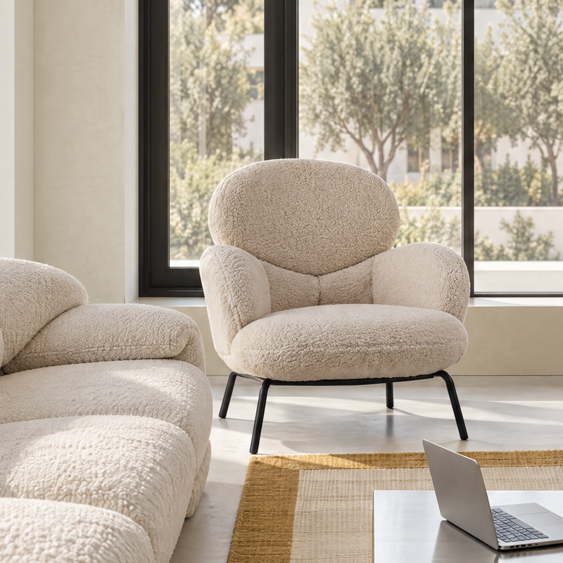 Fotel Wypoczynkowy Bouclé Loft Nogi Stalowe Malowane Proszkowo Bloom — Beżowy
