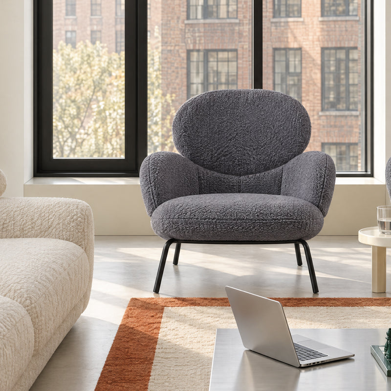 Fotel Wypoczynkowy Bouclé Loft Nogi Stalowe Malowane Proszkowo Bloom — Szary