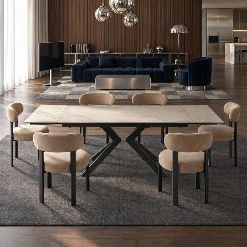 Stół Do Jadalni Ceramiczny 160–240x90 Marmur Nogi Metalowe Czarne DT-24901 — Beżowy