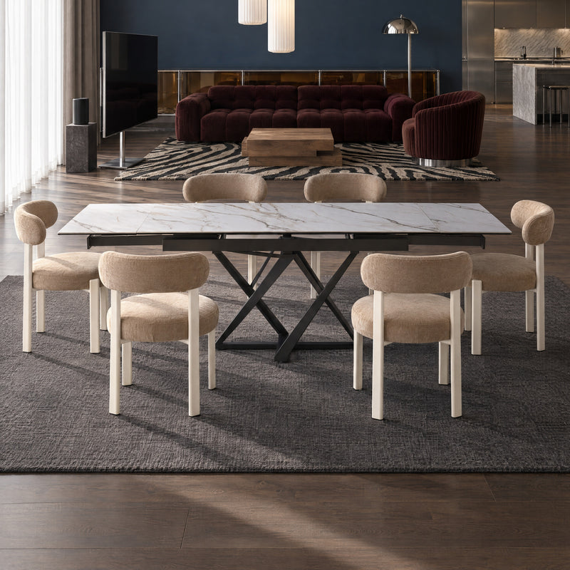 Stół Do Jadalni Ceramiczny 160–240x90 Marmur Nogi Stalowe Czarne Portovenere — Biały