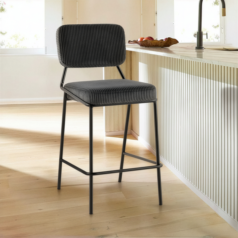 Hoker Barowe Tapicerowane Welurowe Prążkowane Loft Nogi Stalowe Czarne DR2511 — Szary