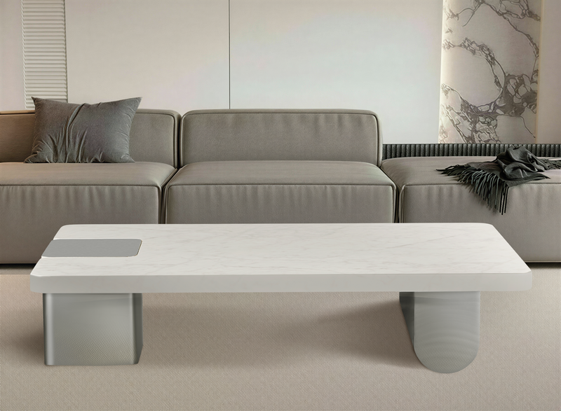 Stolik Kawowy Prostokątny Marmur Naturalny 140x80 Nogi Inox Unity — Biały