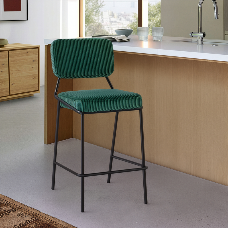 Hoker Barowe Tapicerowane Welurowe Prążkowane Loft Nogi Stalowe Czarne DR2511 — Zielony